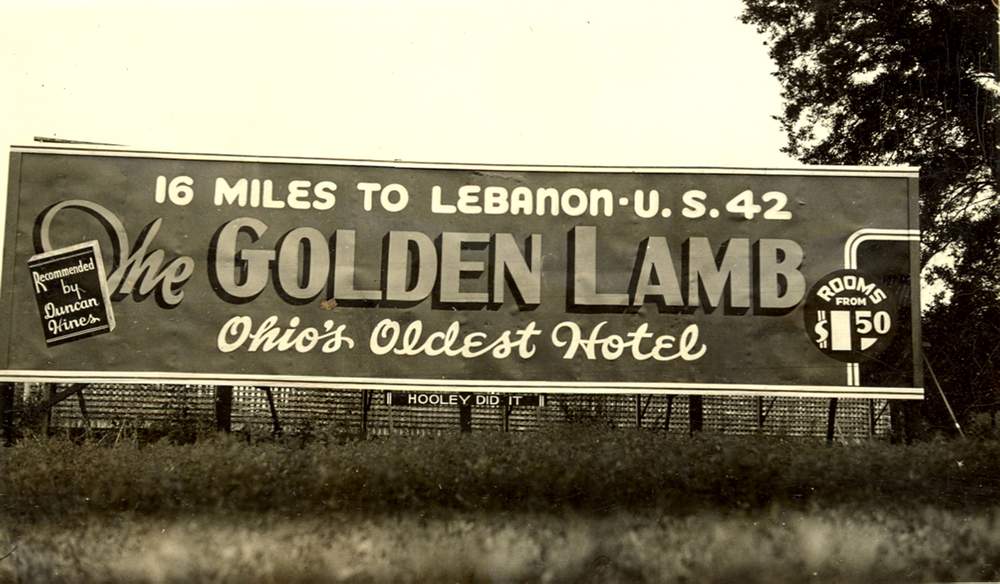 A billboard advertising the Golden Lamb greeted travelers around 1939. Photo courtesy of the Warren County Historical Society