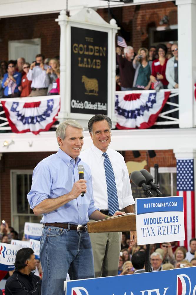 Ohio Sen. Rob Portman (left) and Republican presidential candidate Mitt Romney appeared at a rally in downtown Lebanon, in front of The Golden Lamb, in the fall of 2012. Photo by Nick Daggy