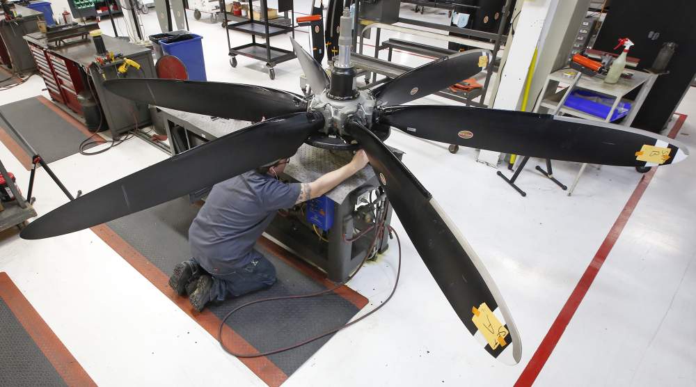 A composite 6-blade dual-acting propeller for the Dornier 328 turboprop-powered commuter airliner is one of the largest propellers made by Hartzell Propeller in Piqua. TY GREENLEES / STAFF